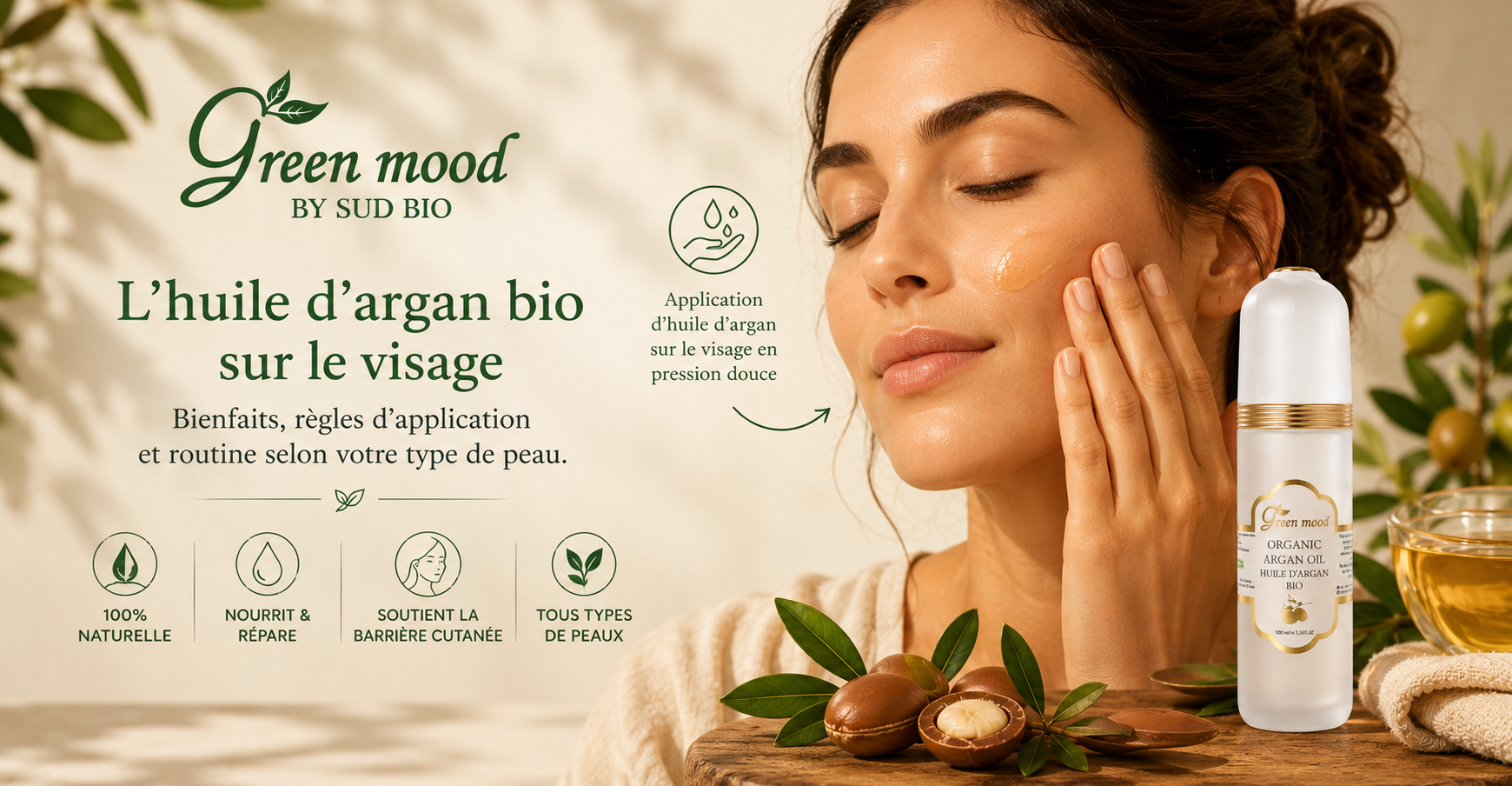 Application d'huile d'argan sur le visage en pression douce