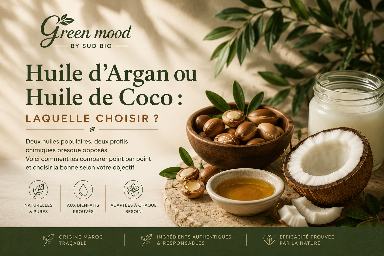 Bouteilles d'huile d'argan dorée et d'huile de coco solide côte à côte