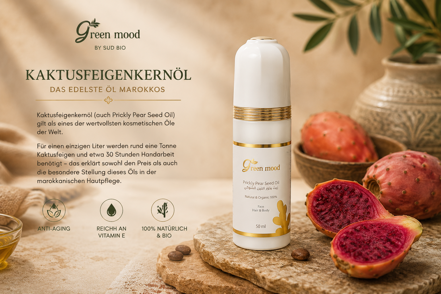 Kaktusfeigenkernöl von Green Mood neben aufgeschnittenen Kaktusfeigen