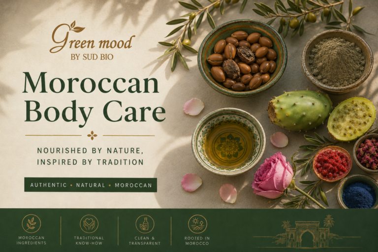 Moroccan body care ingredients including argan oil, prickly pear, rhassoul clay, rose petals and traditional Moroccan beauty rituals