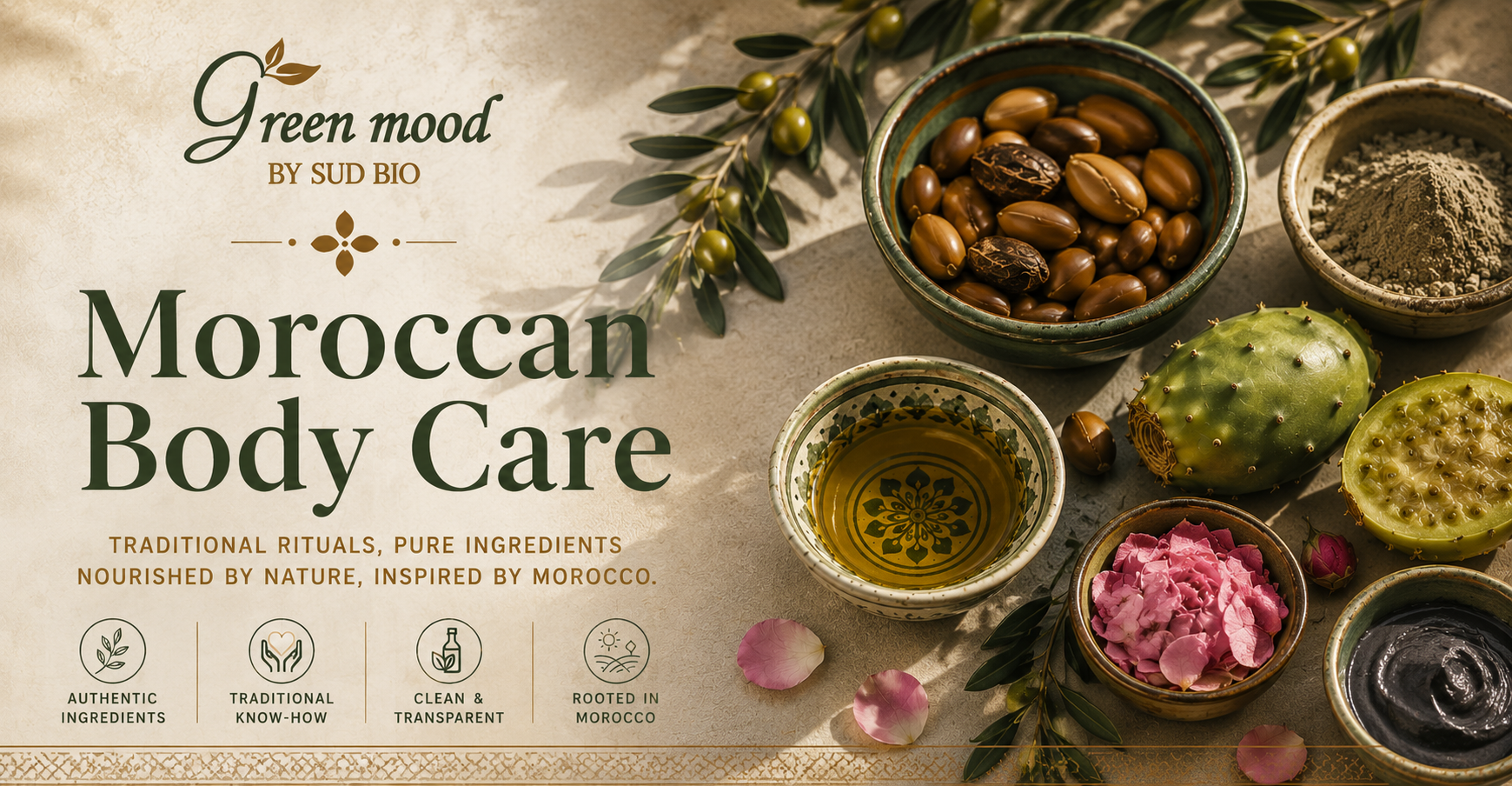 Traditional Moroccan body care ingredients — argan, prickly pear, rhassoul clay, savon noir and rose water