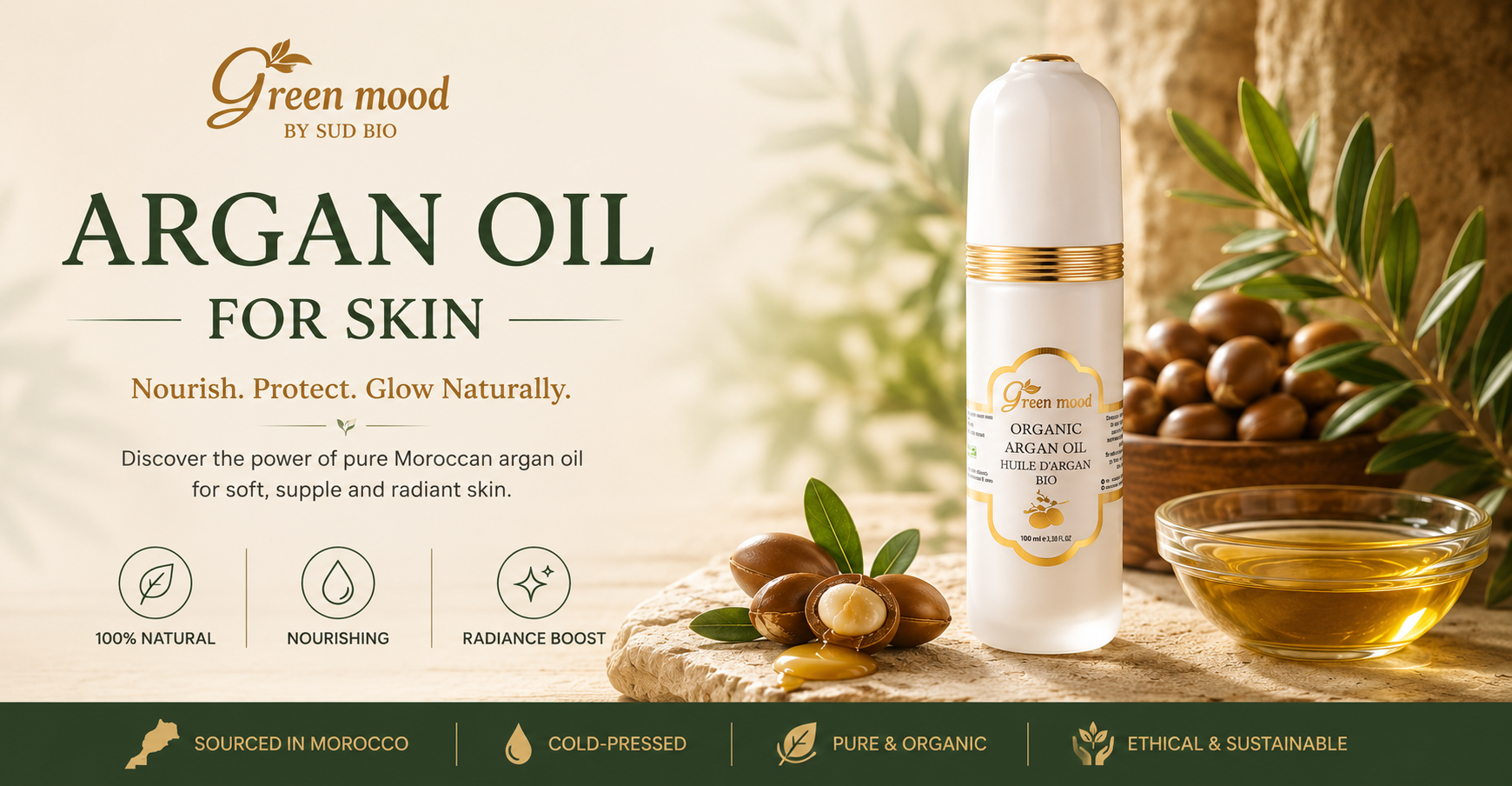 Pure Moroccan argan oil for skin - Green Mood cold-pressed organic argan oil