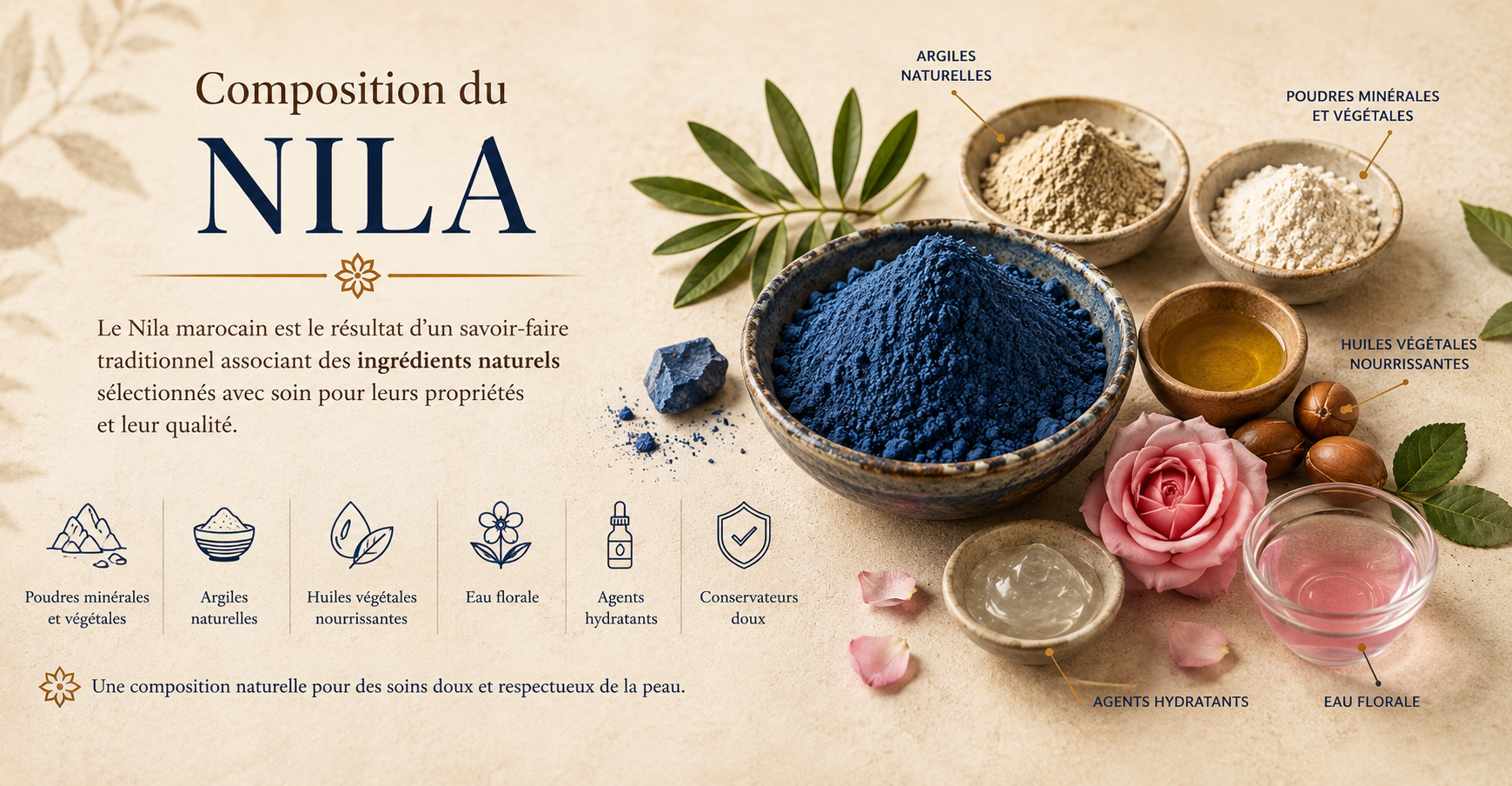 Composition du Nila marocain : pigment d'indigo, argiles, huiles végétales, eau florale, ingrédients naturels