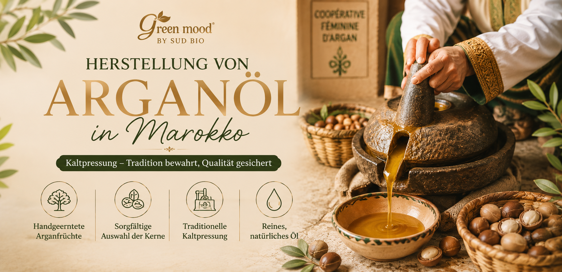 Herstellung von Arganöl in Marokko — Kaltpressung der Argankerne in einer traditionellen Kooperative