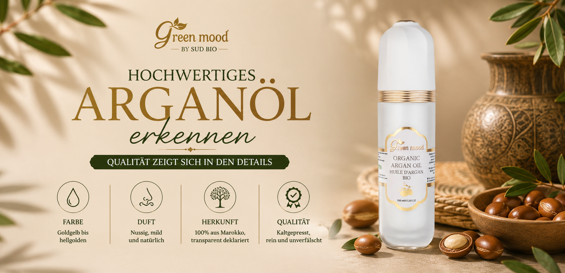 Hochwertiges kaltgepresstes Arganöl erkennen — Farbe, Duft und Herkunftsangabe