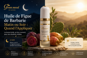 Huile de figue de barbarie matin ou soir – flacon d'huile de pépins de figue de barbarie Green Mood présenté entre une ambiance de nuit et de jour
