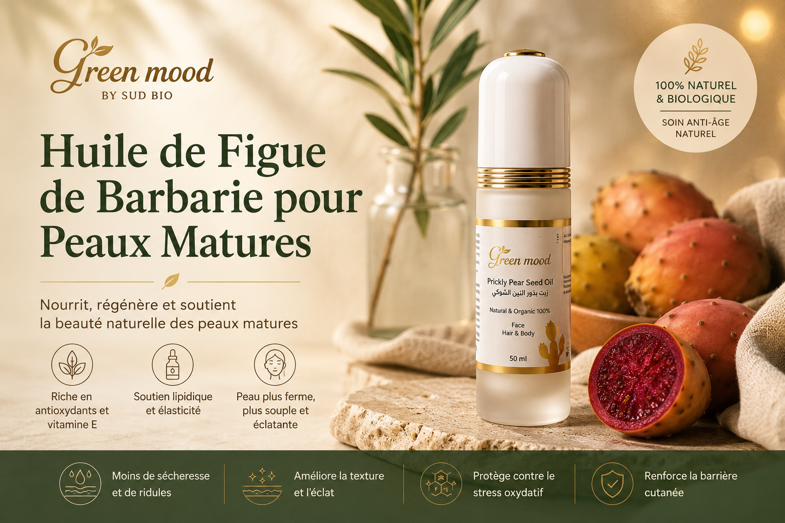 Peau mature de face avec geste d'application d'huile en massage doux