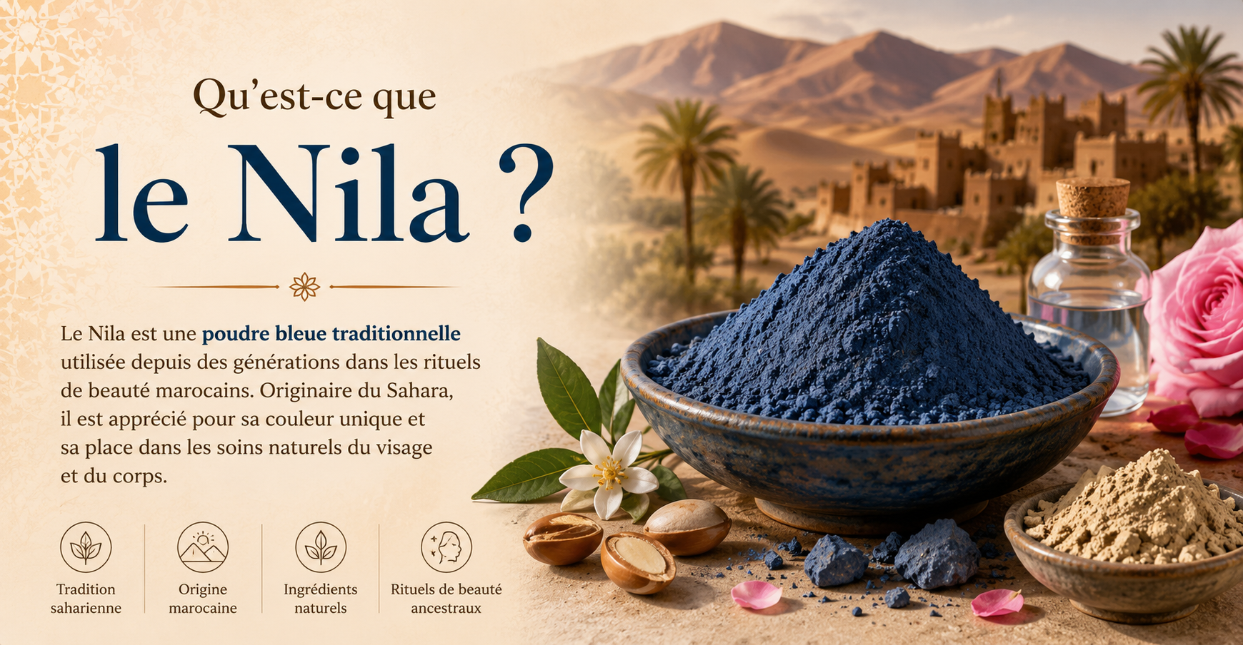Poudre de Nila marocain, pigment d'indigo traditionnel du Sahara, présentée avec ses ingrédients d'origine botanique