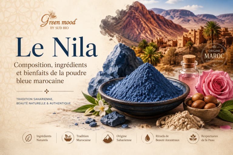Le Nila marocain, poudre bleue traditionnelle du Sahara marocain, entourée d'ingrédients naturels dans un paysage désertique illustrant son origine, sa composition et ses bienfaits pour la peau.