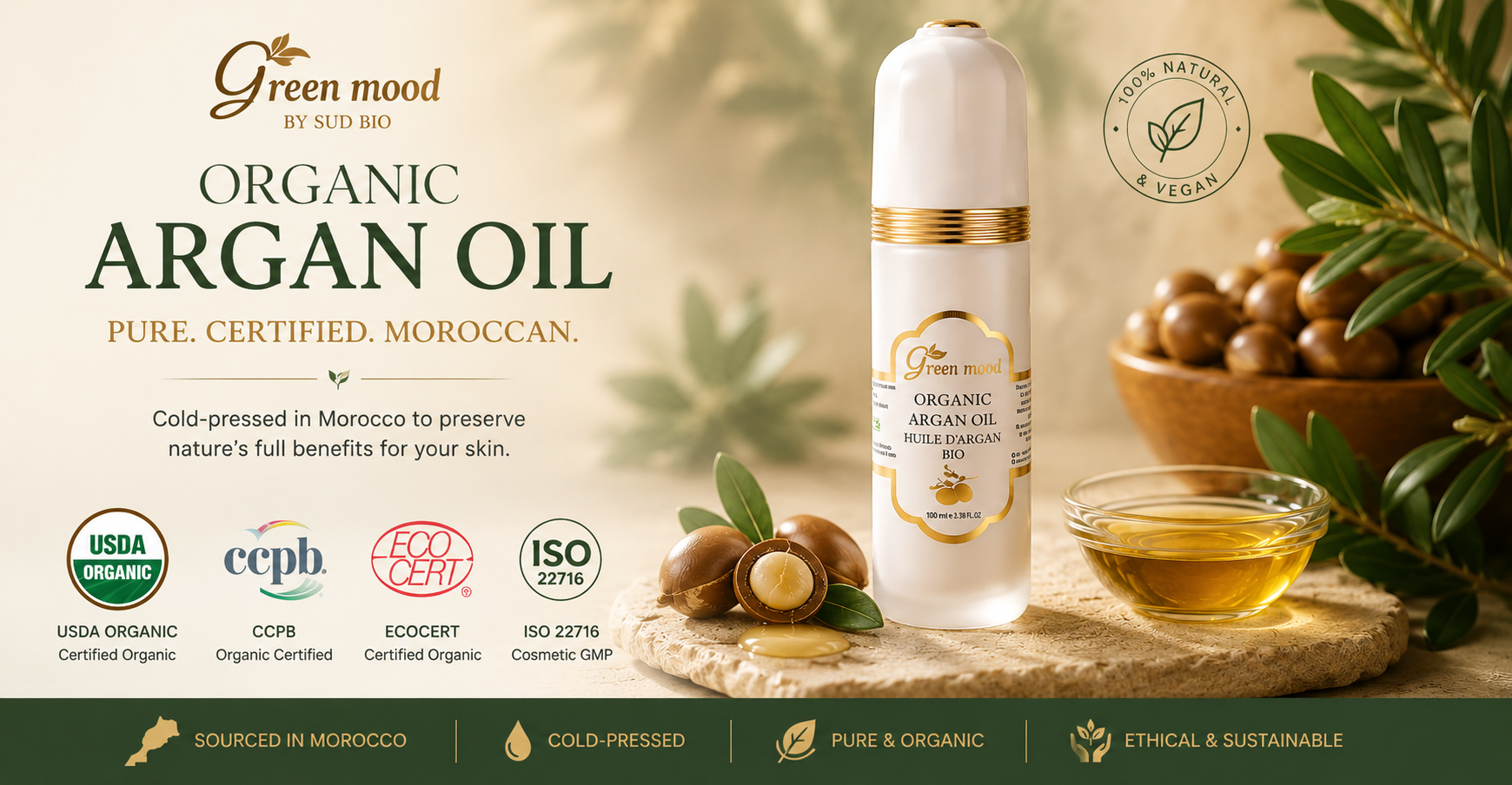 Green Mood organic argan oil Morocco - certifications USDA CCPB ECOCERT ISO 22716
