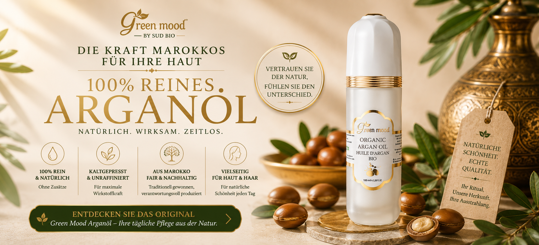 Bio-Arganöl von Green Mood entdecken — flüssiges Gold aus Marokko für Haut und Haar